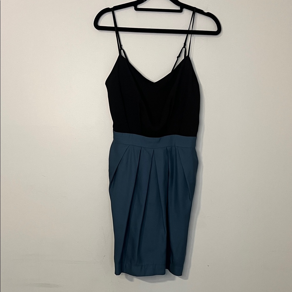 Black & Teal Two-Tone Spaghetti Strap Dress with pockets lightweight flowy pleat